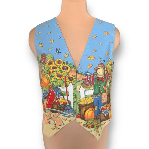Vintage Handmade Reversible Vest Autumn Pumpkin Scarecrow Farmhouse Blue Orange - Picture 6 of 10
